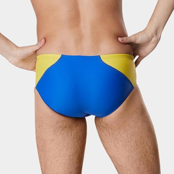 Speedo Swimsuit Brief PowerFlex Eco Revolve Splice Blue/Yellow Size 26 (XS) - Picture 3 of 7